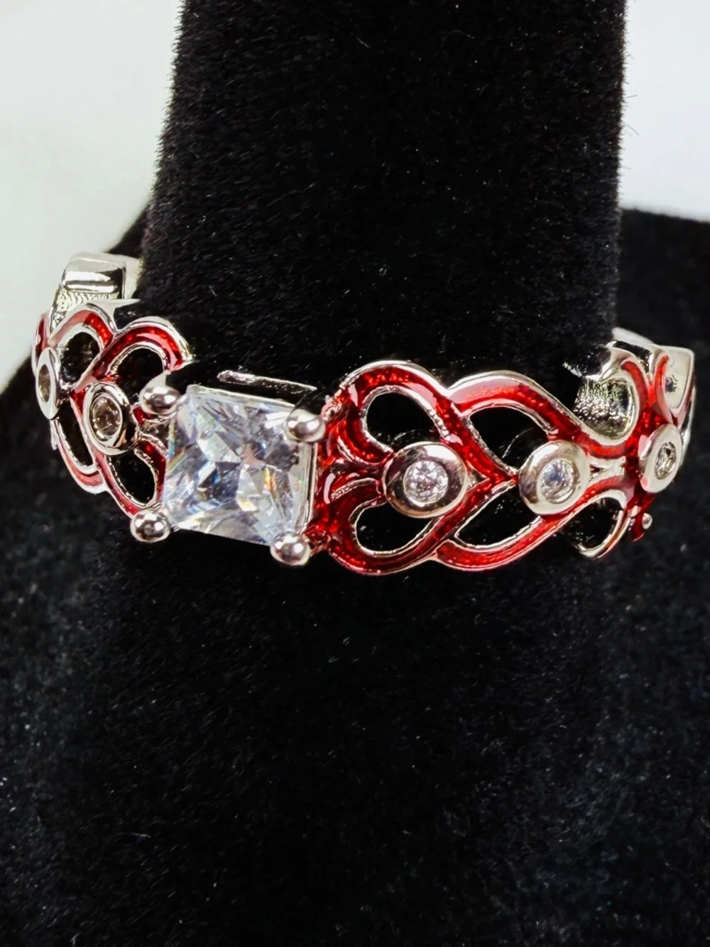 Beautiful, silvertone, red enamel, heart, clear, bling costume ring size 8